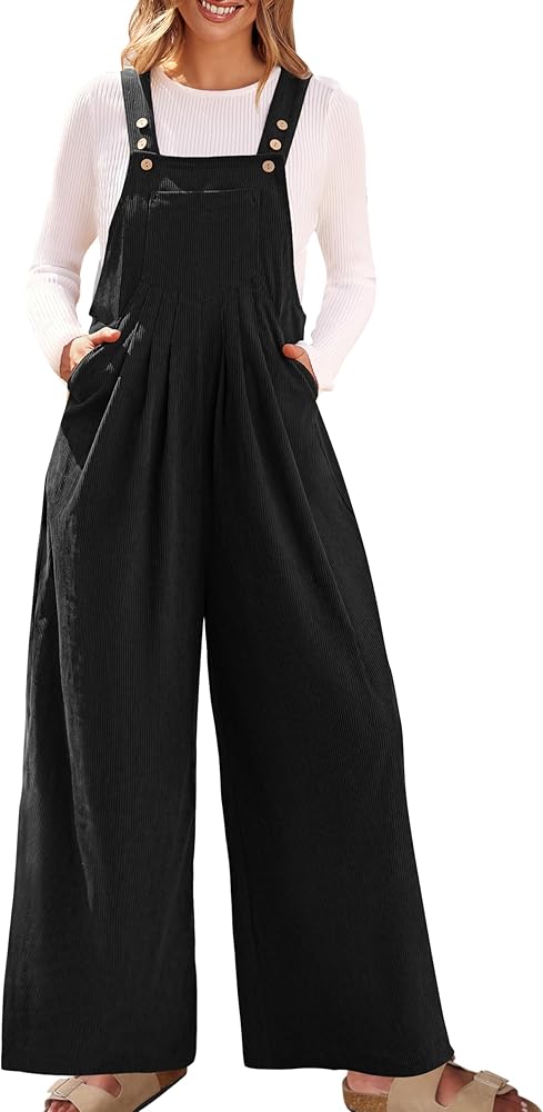 ZESICA Women's Casual Overalls Jumpsuits Loose Corduroy Bib Adjustable Straps Wide Leg Long Pant Romper with Pockets