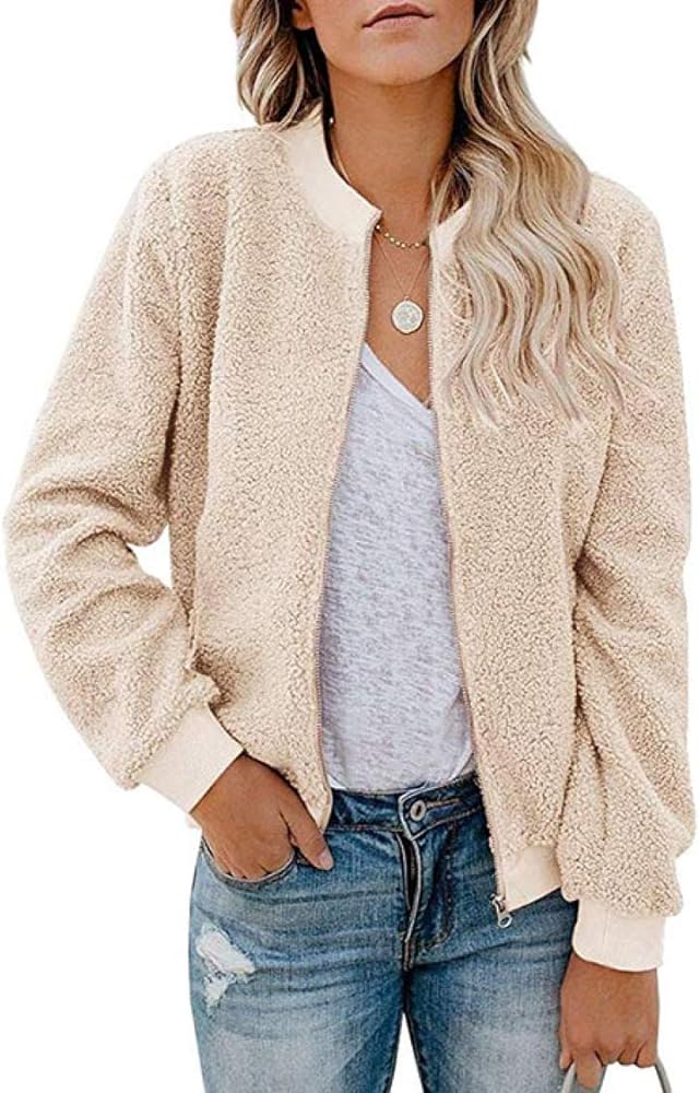 MIROL Women's Sherpa Fleece Jacket Faux Fuzzy Long Sleeve Casual Zip Up Bomber Coat