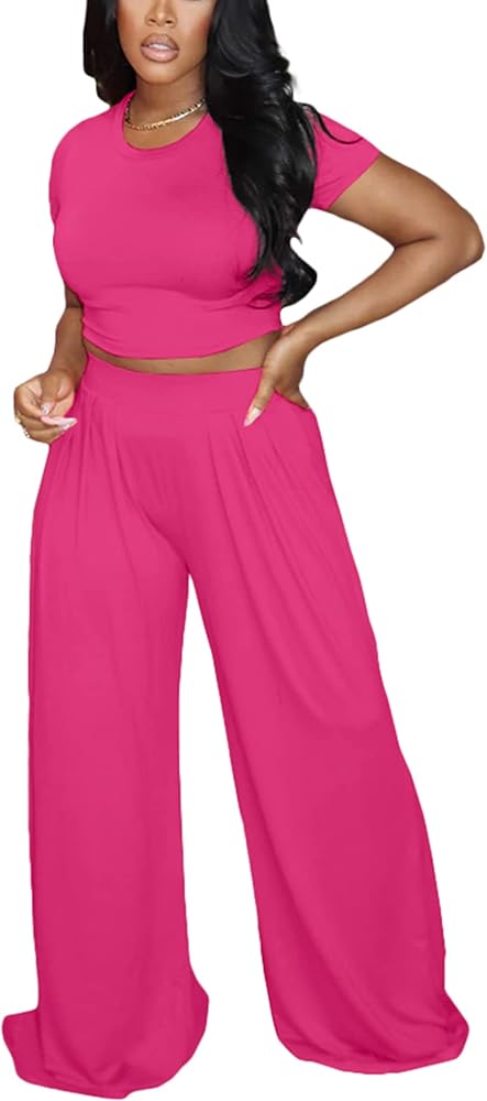 Womens Summer Casual 2 Piece Outfit Sexy Crew Neck T-Shirt Crop Top High Waist Wide Leg Long Palazzo Pants Set