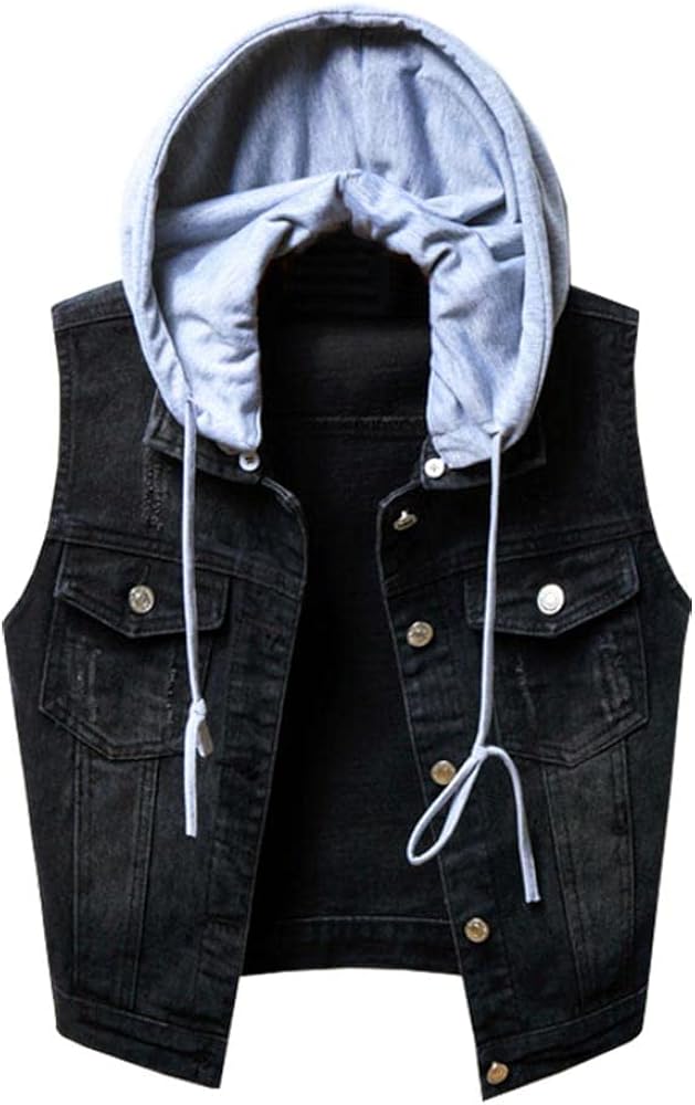 Kedera Women's Detachable Hoodie Denim Vest Distressed Sleeveless Jean Jacket Coat