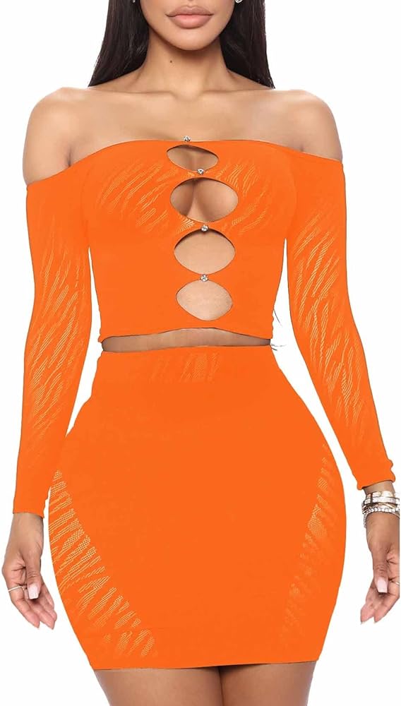 MOEENCN Sexy Two Piece Outfit Mesh Perspective Splice Hollow Out Off Shoulder Long Sleeve Skirt Sets Party Club Night