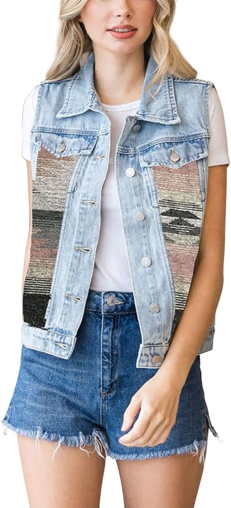 happlan Women's Aztec Casual Lapel Button Denim Vest Jacket Coats Waistcoat