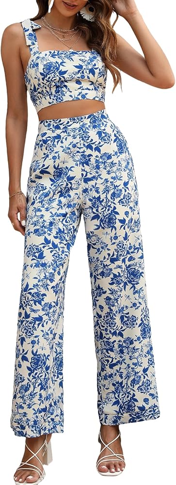 Floerns Women's 2 Piece Summer Boho Floral Print Knot Shoulder Zip Back Crop Cami Top and Maxi Pants Set