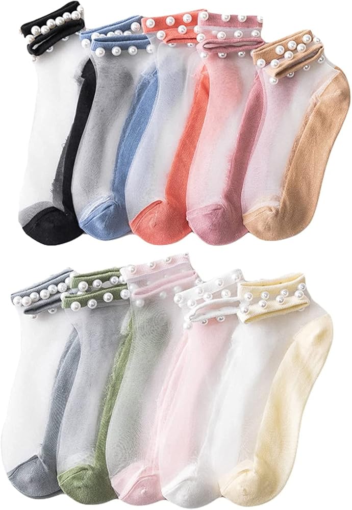 Crystal Tulle Pearl Summer Socks, Women Nylon Elastic Short Ankle Sheer Stockings Silk Short Socks Summer Ultrathin (10 Pairs), 5