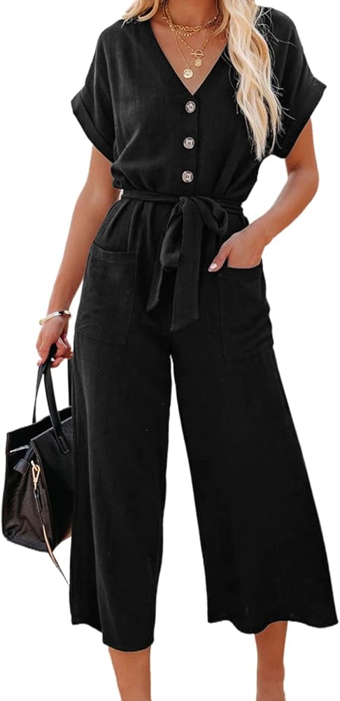 Acelitt Women Casual V Neck Short Sleeve Button Belted Wide Leg Jumpsuits,S-XXL