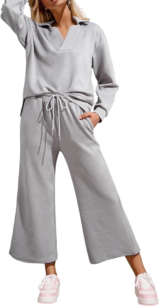 SHEWIN 2 Piece Sets for Women Fall Outfits Collared V Neck Long Sleeve Polo Shirts Tops Lounge Set Tracksuits Sweatsuits