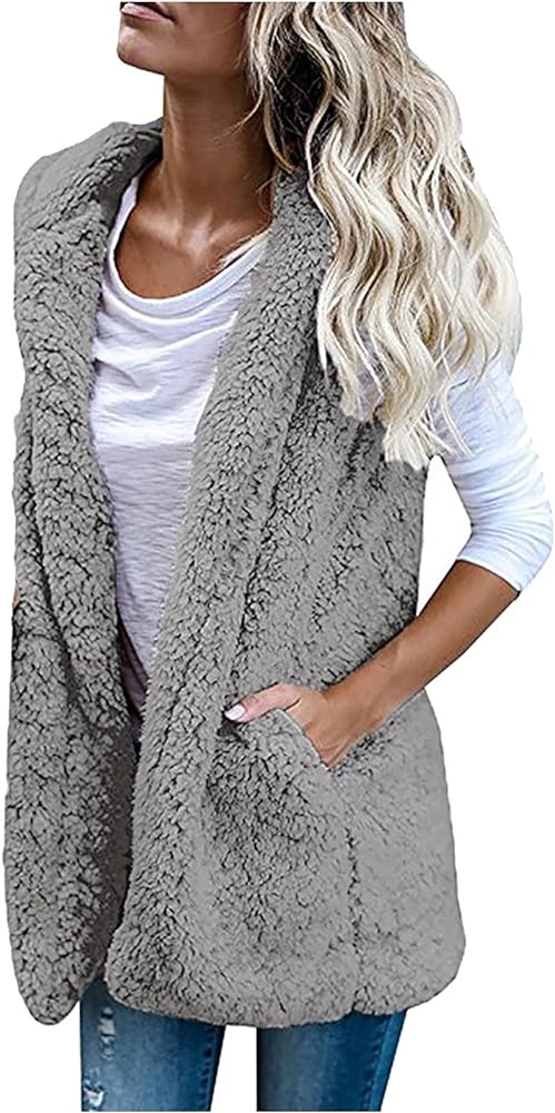 Hooded Long Cardigan For Women Fleece Solid Pocket Open Front Sweater Vest Comfy Elegant Hoodie Coat Jacket Tops Tunic