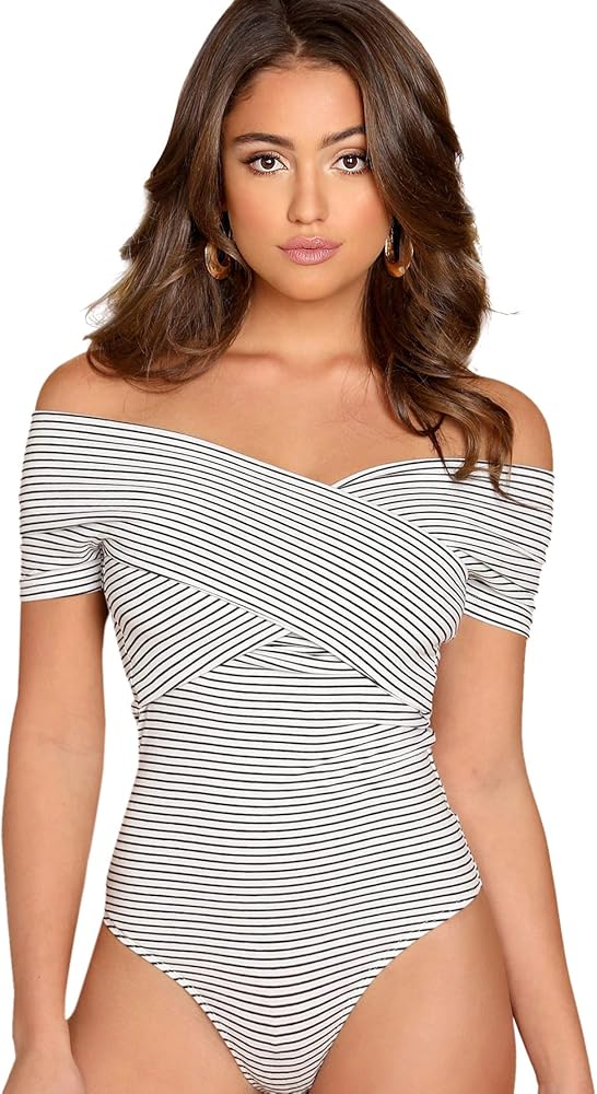 SOLY HUX Women's Criss Cross Striped Wrap Off The Shoulder Skinny Elegant Bodysuit