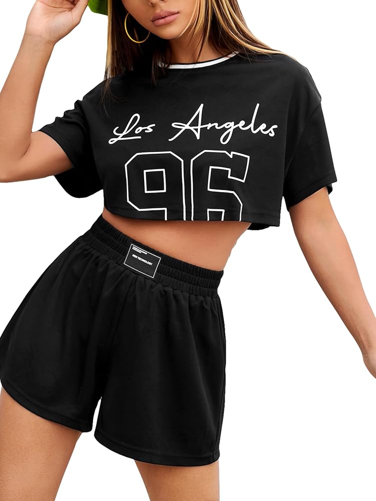 Verdusa Women's 2 Piece Letter Graphic Drop Shoulder Crop Tee Top and Track Shorts Set