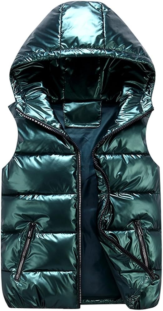 Women's Metallic Luster Shiny Puffer Vest, Sleeveless Zip Up Hooded Coat Winter Warm Padded Gilet Jacket With Pockets