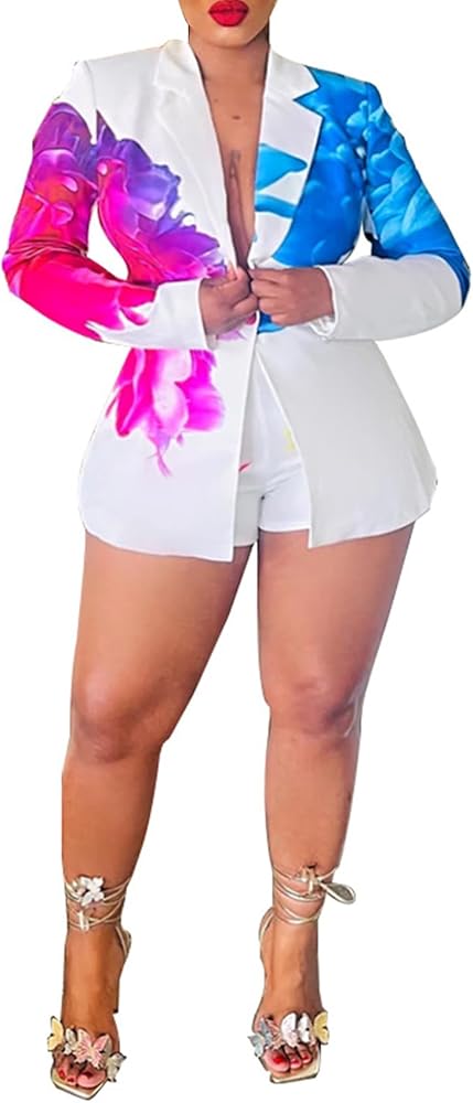 Sexy Blazer Shorts Suits for Women Floral Open Front Blazers Business Casual Shorts 2 Piece Set