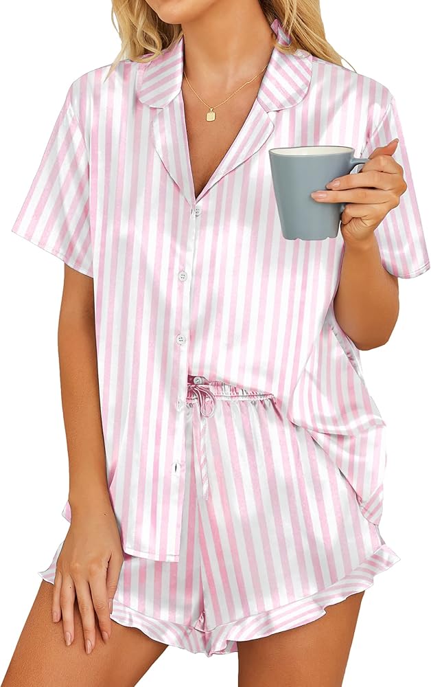 HOTOUCH Womens Satin Pajamas Set Button Down 2 Piece Silk Pjs Shorts Set Ruffle Lingerie Notch Collar Sleepwear