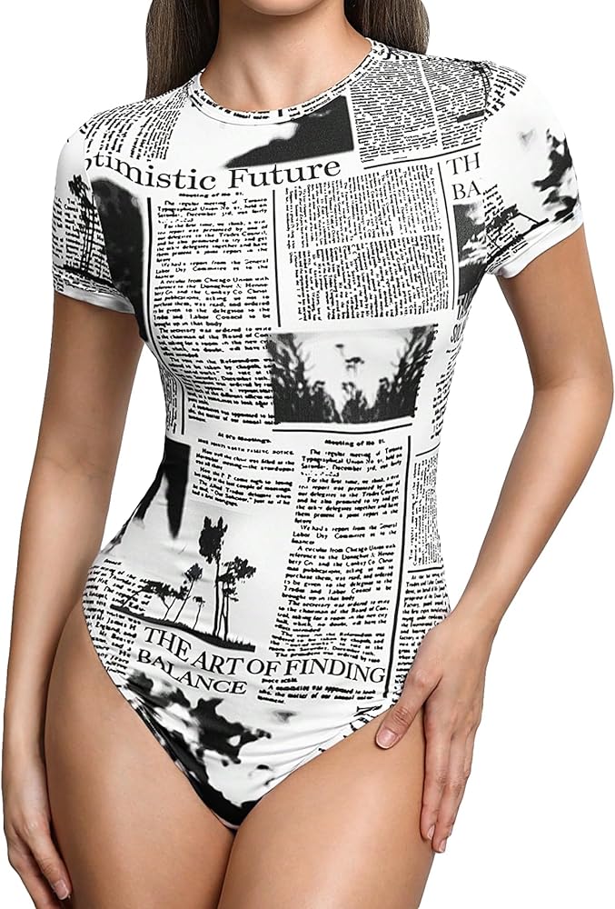 WDIRARA Women's Newspaper Print Short Sleeve Round Neck Tummy Control One Piece Bodysuit Casual Top