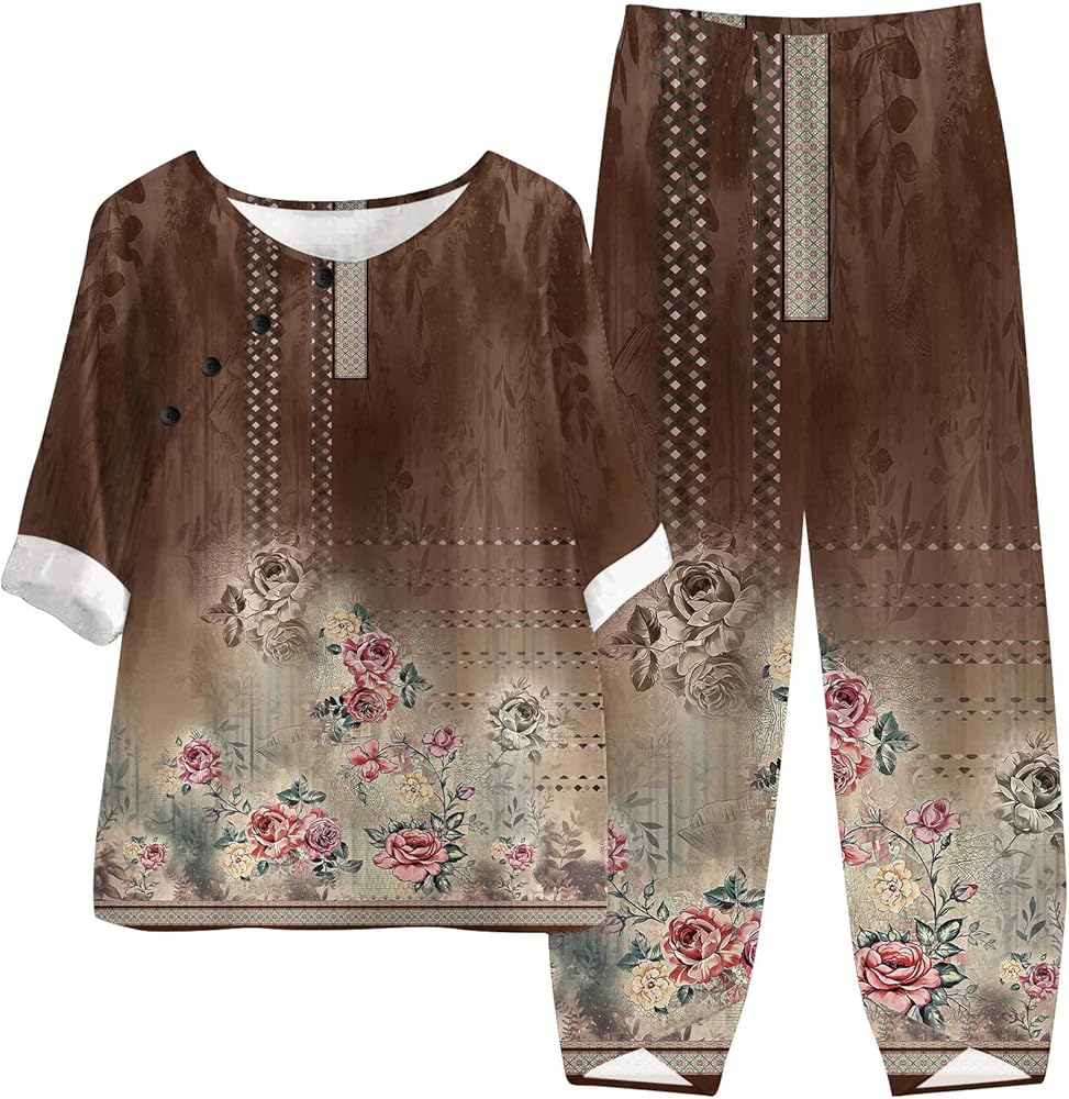 Floral Print Cotton Linen Outfits for Women, Ladies Summer Loose Casual 2 Piece Sets Short Sleeve Blouse and Pants