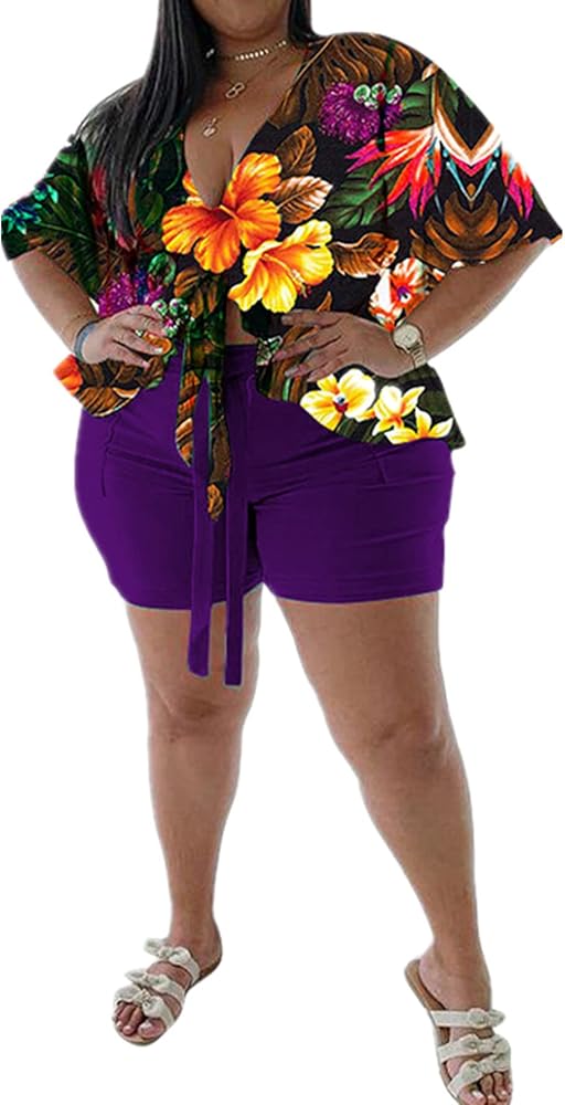 MRSYVES Plus Size 2 Piece Outfits for Women Summer Boho Ruffle Front Tie Knot Crop Top Shorts Set Floral Print Beach Cover Up Purple 3XL