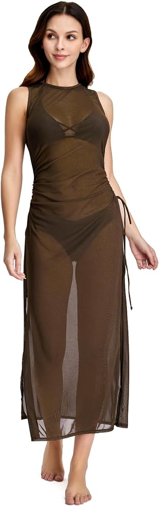 Verdusa Women's Swimsuit Mesh Cover Up High Split Drawstring Bikini Long Dress