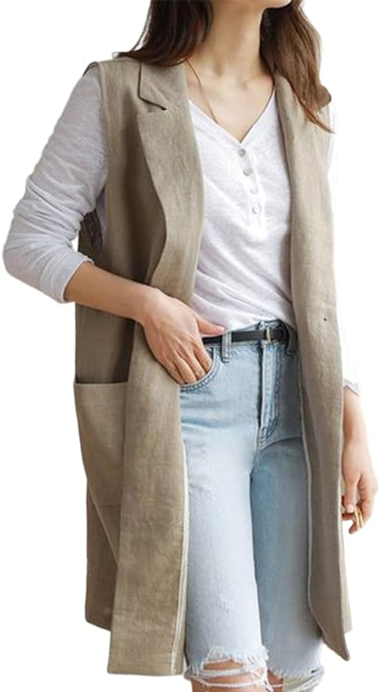 IDEALSANXUN Womens Long Linen Vest Casual Lightweight Summer Sleeveless Blazer Jackets