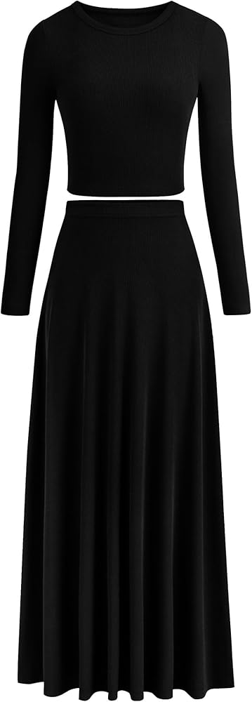 PRETTYGARDEN Women's 2 Piece Outfits Dressy Casual Ribbed Knit Long Sleeve Crop Tops Maxi Flowy Skirts Matching Sets