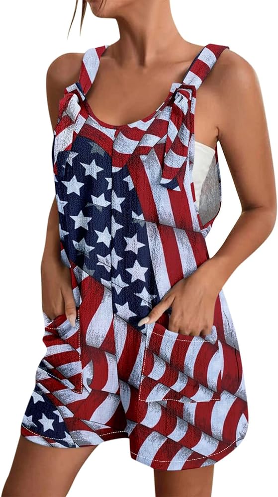 4th of July Romper for Women American Flag Patriotic Stars Adjustable Straps Jumpsuit Sleeveless Romper with Pockets