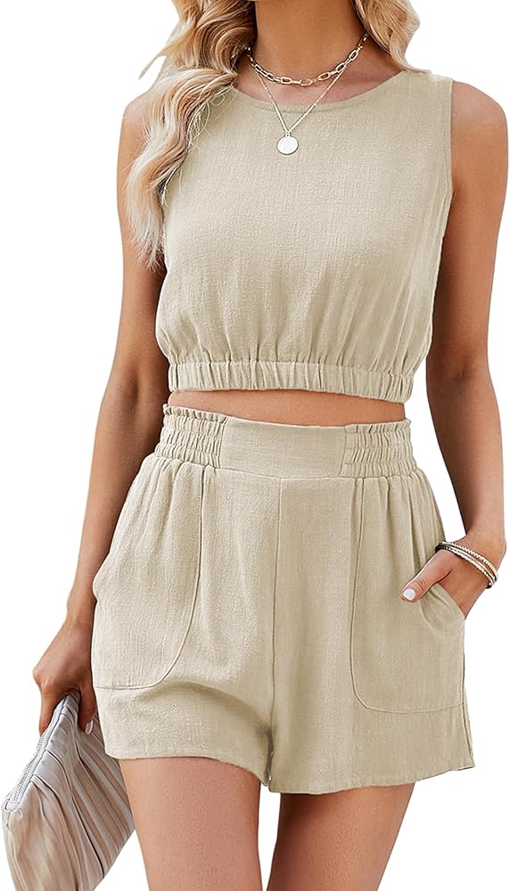 Two Piece Summer Outfits Linen Shorts Sets for Women 2 Piece Sleeveless Crop Tank Tops Hight Waist Shorts Lounge Set