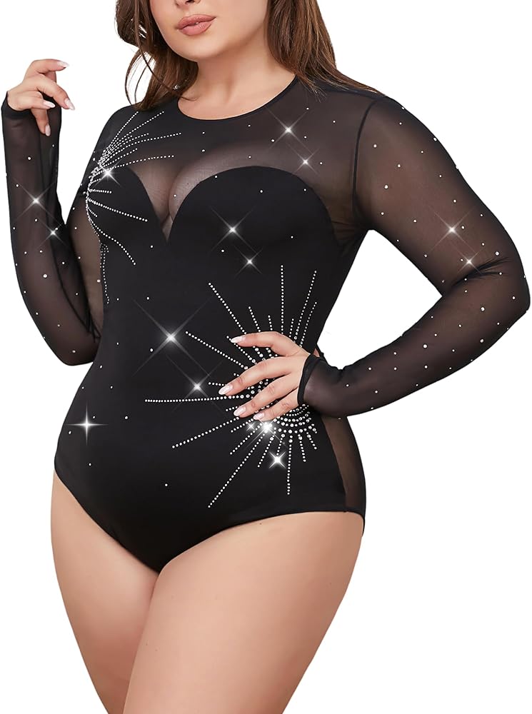 Sparkly Plus Size Body Suit Sheer Long Sleeve See Through Back Bodysuit Top Concert Club Party