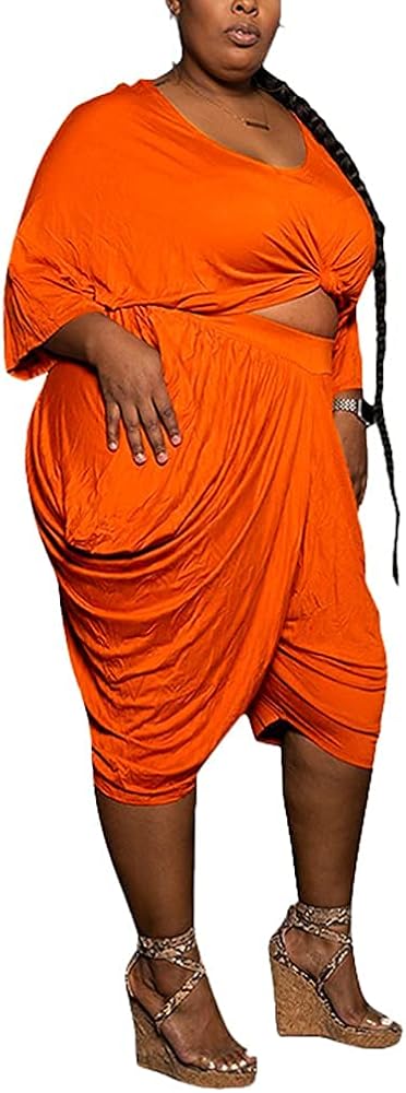 BFFBABY Plus Size Outfits for Women 2 Piece Shorts Sets Half Sleeve T-shirt Ruched Baggy Harem Pants Casual Tracksuit