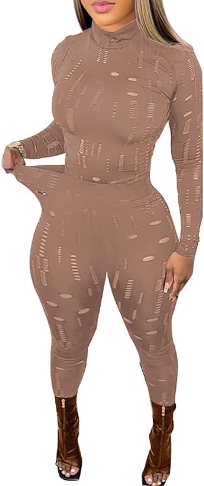 Women's Sexy See Through Mesh 2 Piece Outfits Jumpsuit Hollow Out Top High Waist Legging Pant Set