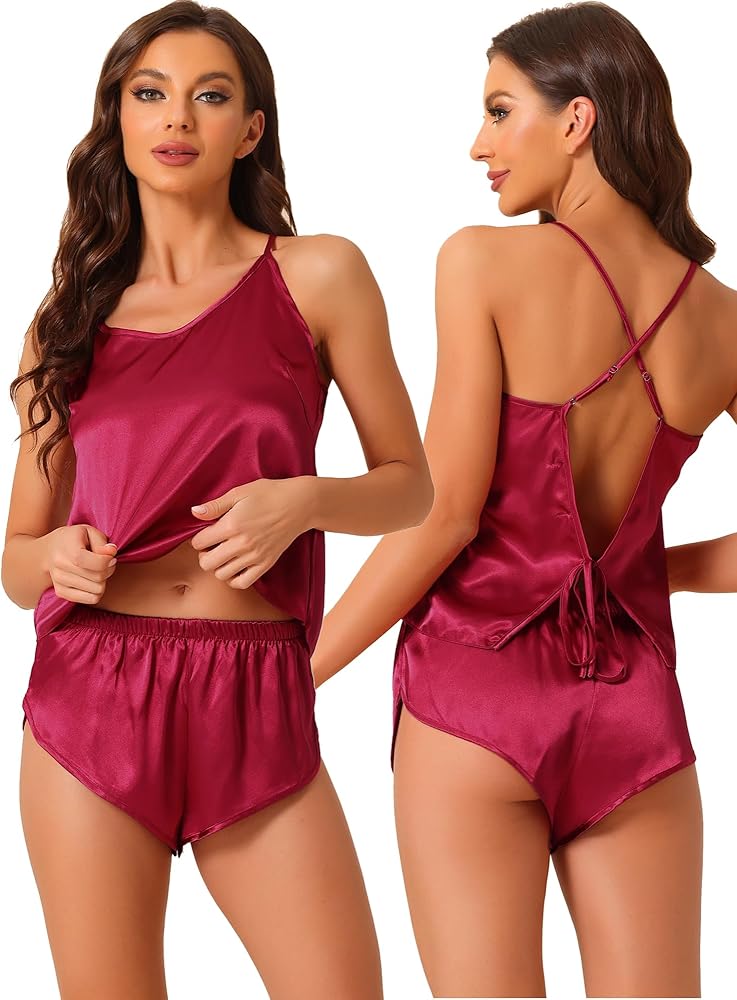 Womens Satin Pajamas Backless Sexy Lingerie Pjs Tops with Shorts Silky Cami Lounge Sets