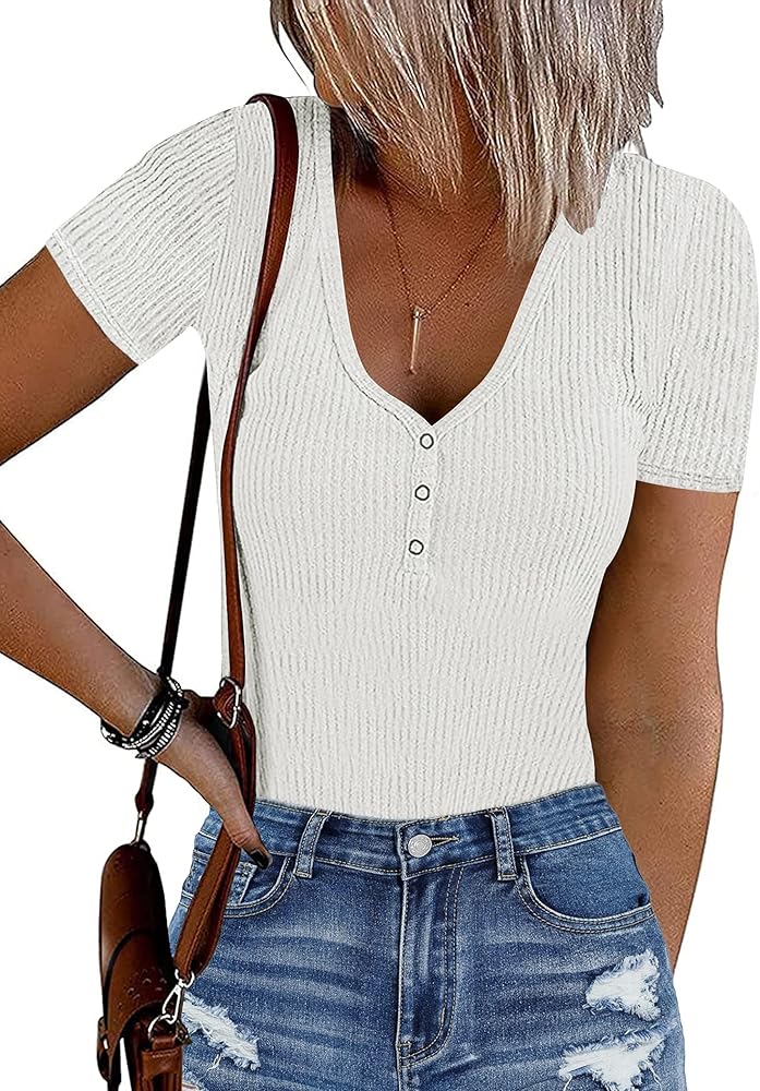 MEROKEETY Women's Short Sleeve V Neck Ribbed Bodysuits Button Down Slim Fit Basic Knit Body Suits