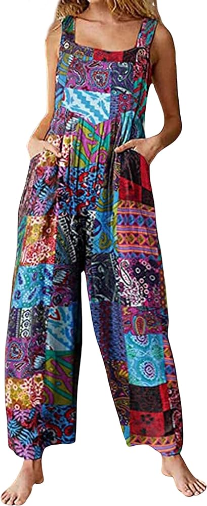 Fiona Jolin Overalls Women Summer Boho Floral Loose Wide Leg Jumpsuits with Pockets Patchwork Bib Overalls