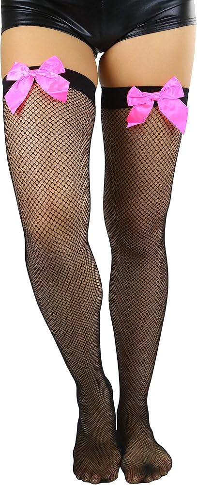 ToBeInStyle Women’s Fine Fishnet Fashion Thigh High w/Satin Bow Stockings