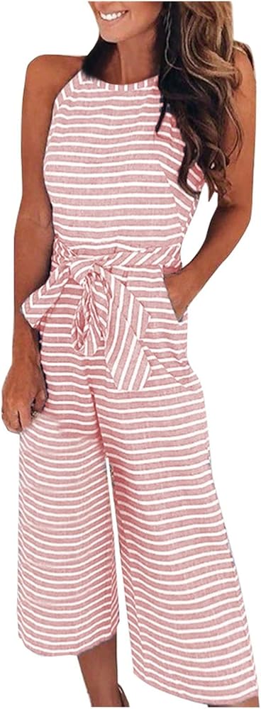 Women's Jumpsuits, Rompers & Overalls Slim Sexy Pocket Striped Round Neck Sleeveless Jumpsuit Jumpsuits