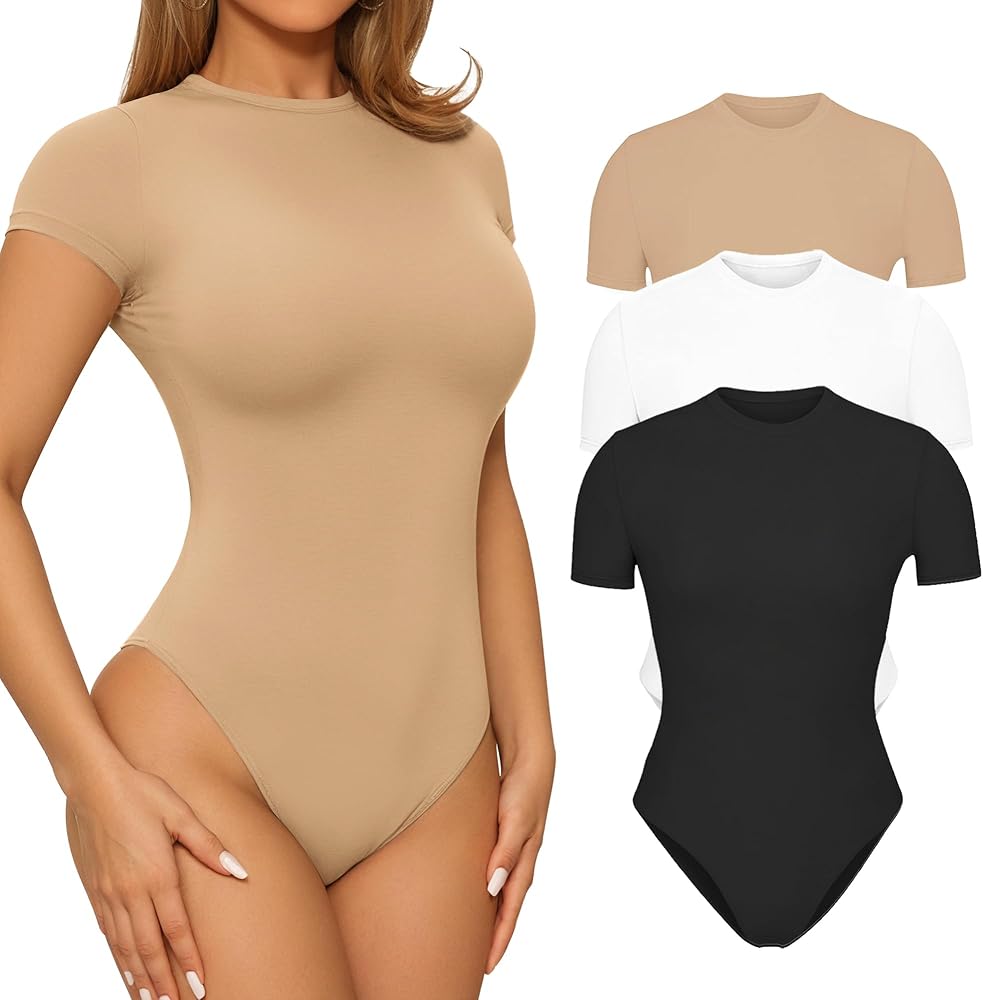 3 Pack Short Sleeve Crew Neck Body Suits for Women Casual Mutlicolor BodySuit Sets Basic T Shirts Tops