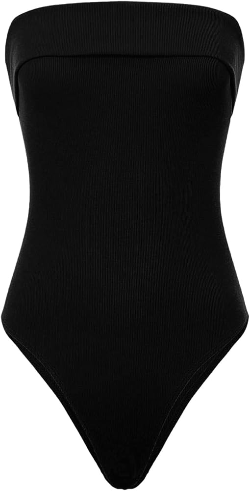 MakeMeChic Women's Strapless Bodysuit Casual Sleeveless High Cut Ribbed Knit Leotard Bodysuit Tube Tops