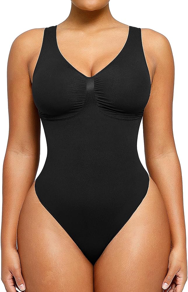 SHAPELLX Seamless Tummy Control Bodysuit Women's Sleeveless Slimming Top 2.0 V/Crew Neck Body Suit Thong Body Shaper Top