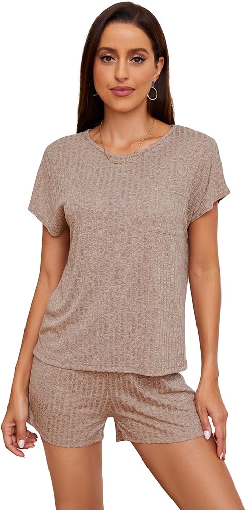 WDIRARA Women's 2 Piece Outfits Ribbed Short Sleeve Drop Shoulder Tee and Shorts Set Plain Khaki M