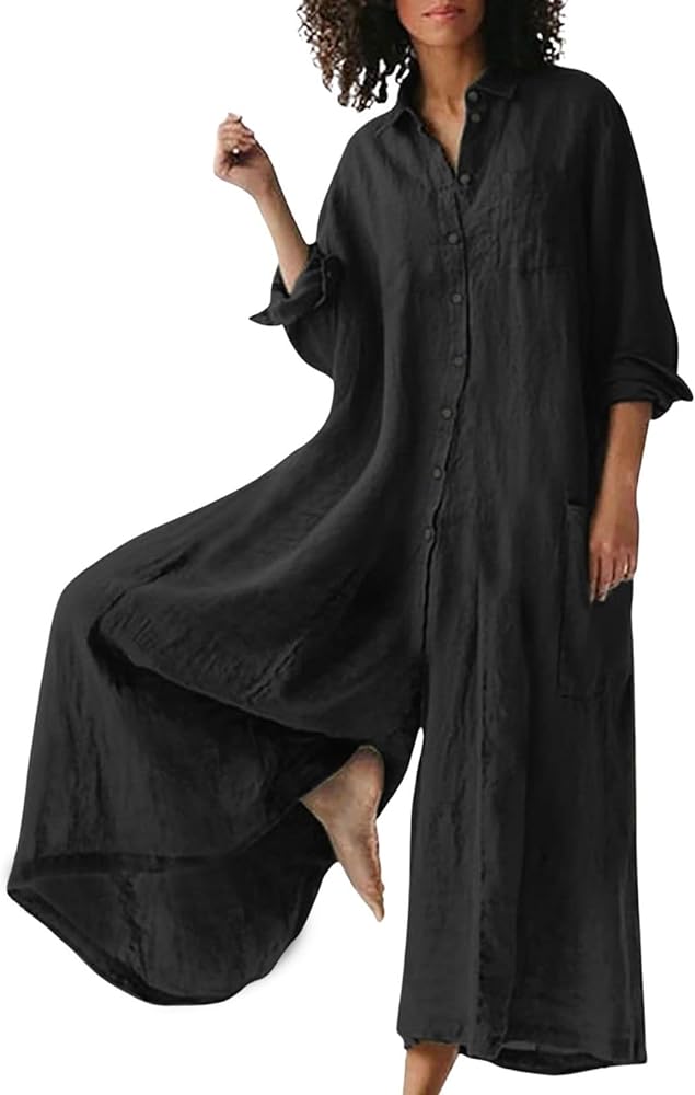 CHARTOU Women Linen Button Down Long Sleeve Wide Leg Jumpsuit Beach Palazzo Pants One Piece Jumpsuit