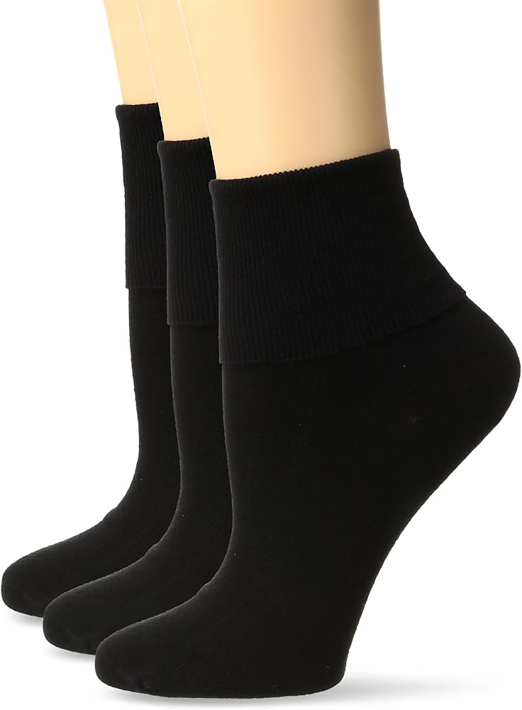 No nonsense Women's Cotton Basic Cuff Sock, Black - 3 Pair Pack, 4-10 (BC2264)