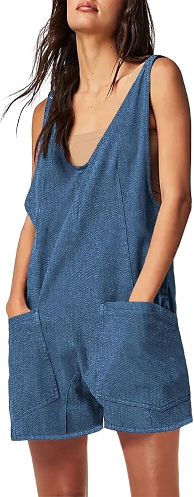 Tongmingyun Womens Summer Denim Overall Shorts Casual Sleeveless V Neck Jean Romper with Pockets