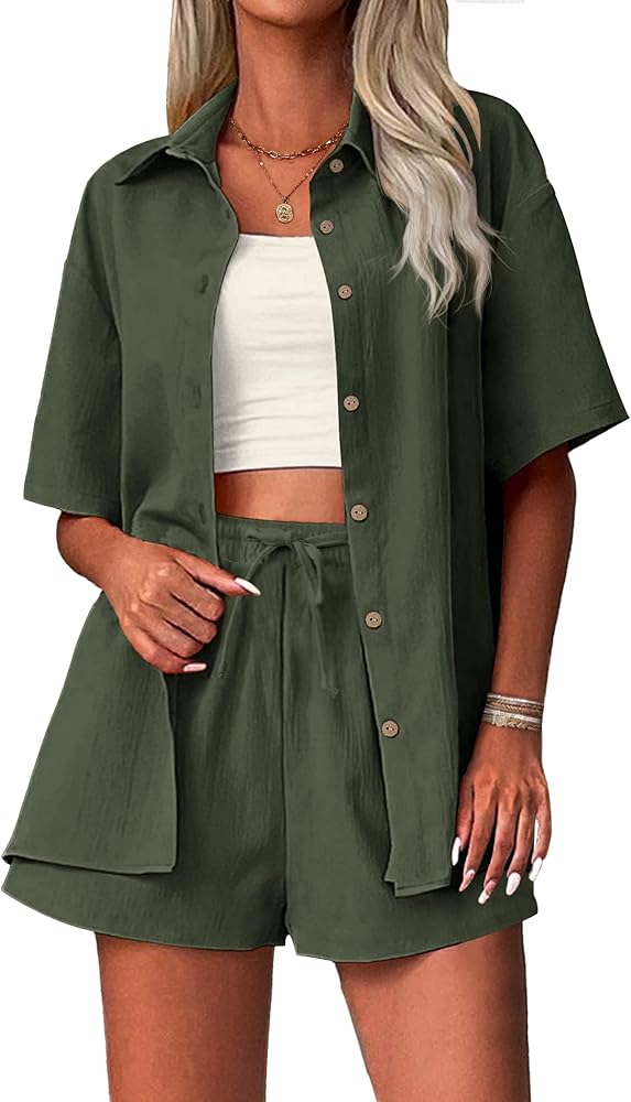 Zeagoo Womens 2 Piece Outfits Cotton Linen Shirt and Drawstring Short Set 2024 Summer Vacation Set Casual Tracksuits