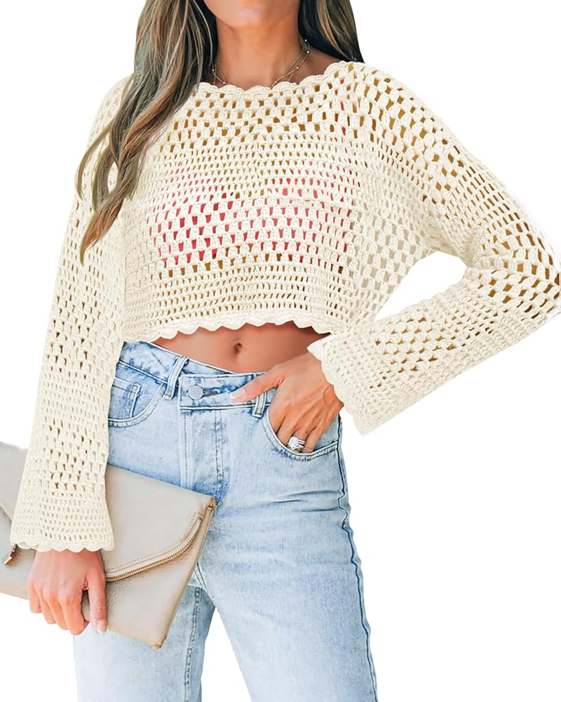 Saodimallsu Womens Crochet Crop Top Long Sleeve Sexy Mesh Knit See Through Hollow Out Beach Swimwear Cover Ups