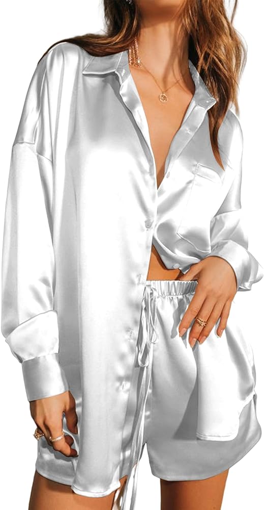 Ekouaer Womens 2 Piece Satin Pajama Set Long Sleeve PJs Sets Button Down Lounge Ssts Soft Sleepwear Set