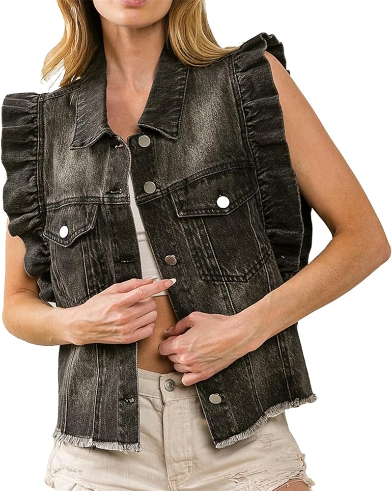 Ladyful Ruffle Sleeve Denim Vest for Women Sleeveless Jean Vest Jacket Coat with Fray Hem