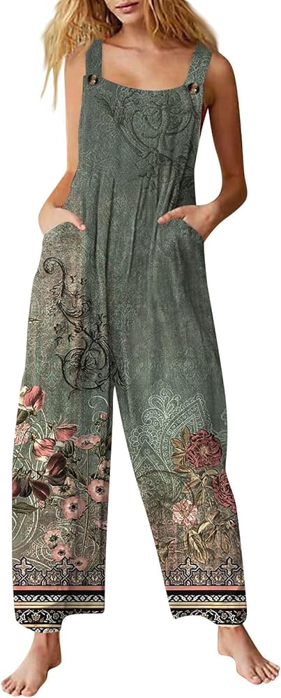 NAMTYQX 2024 Summer Linen Overalls for Women Casual Loose Fit Summer Rompers Boho Floral Print Wide Leg Jumpsuit with Pockets