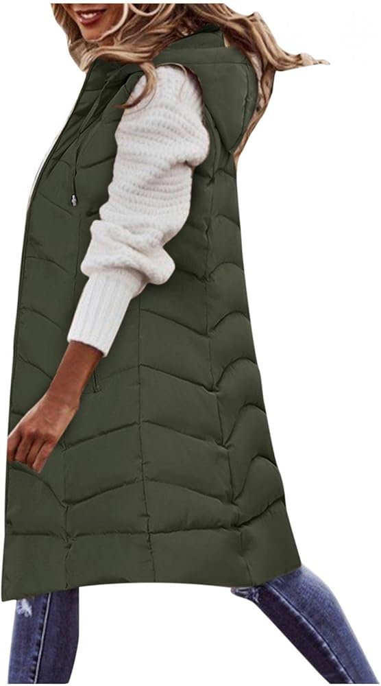 Women's Long Quilted Vest Hooded Puffer Vest Padded Coat Winter Warm Zip Up Sleeveless Jacket Outerwear Plus Size