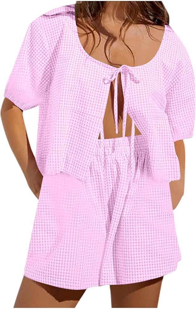 Women Y2k Two Piece Lounge Set Peplum Puff Sleeve Tie Front Shirt & Shorts Set Summer Vacation Outfits Pajamas Sets