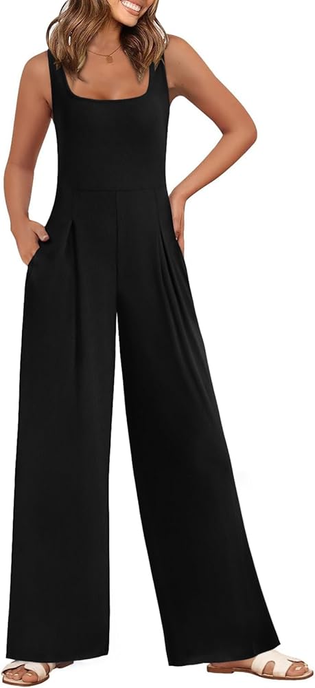 Onedreamer Jumpsuits for Women Summer Sleeveless Square Neck Ribbed Knit Wide Leg One Piece Rompers Overalls with Pockets