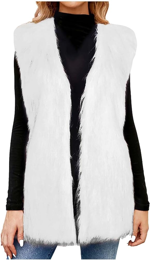 Womens Faux Fur Vest Winter Warm Short Coat Fluffy Shaggy Sleeveless Jacket Fashion Casual Fuzzy Outerwear