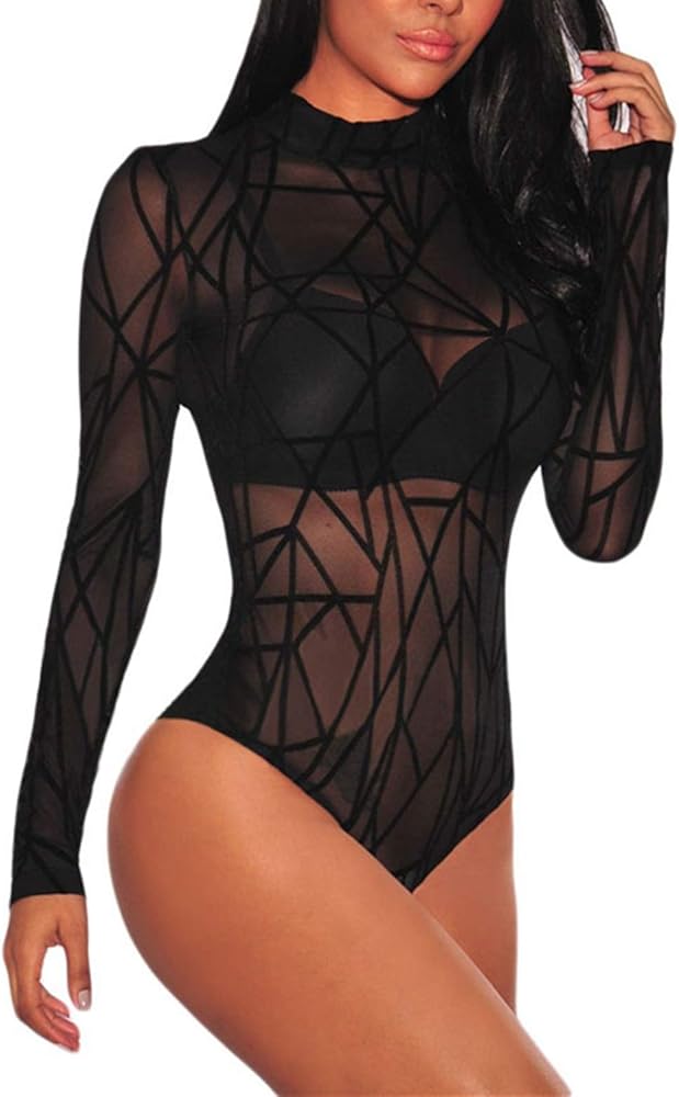 JomeDesign Women Black Sheer Mesh Long Sleeve Jumpsuit Bodysuits Clubwear