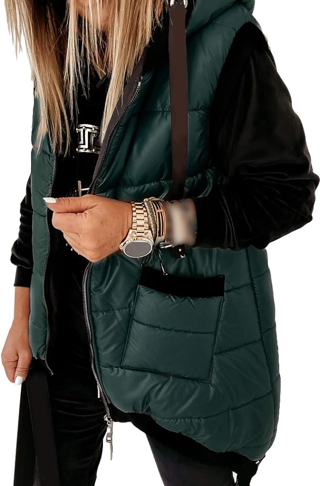 Women's Hooded Outwear Vest Lightweight Zipper Up Padded Gilet With Pockets